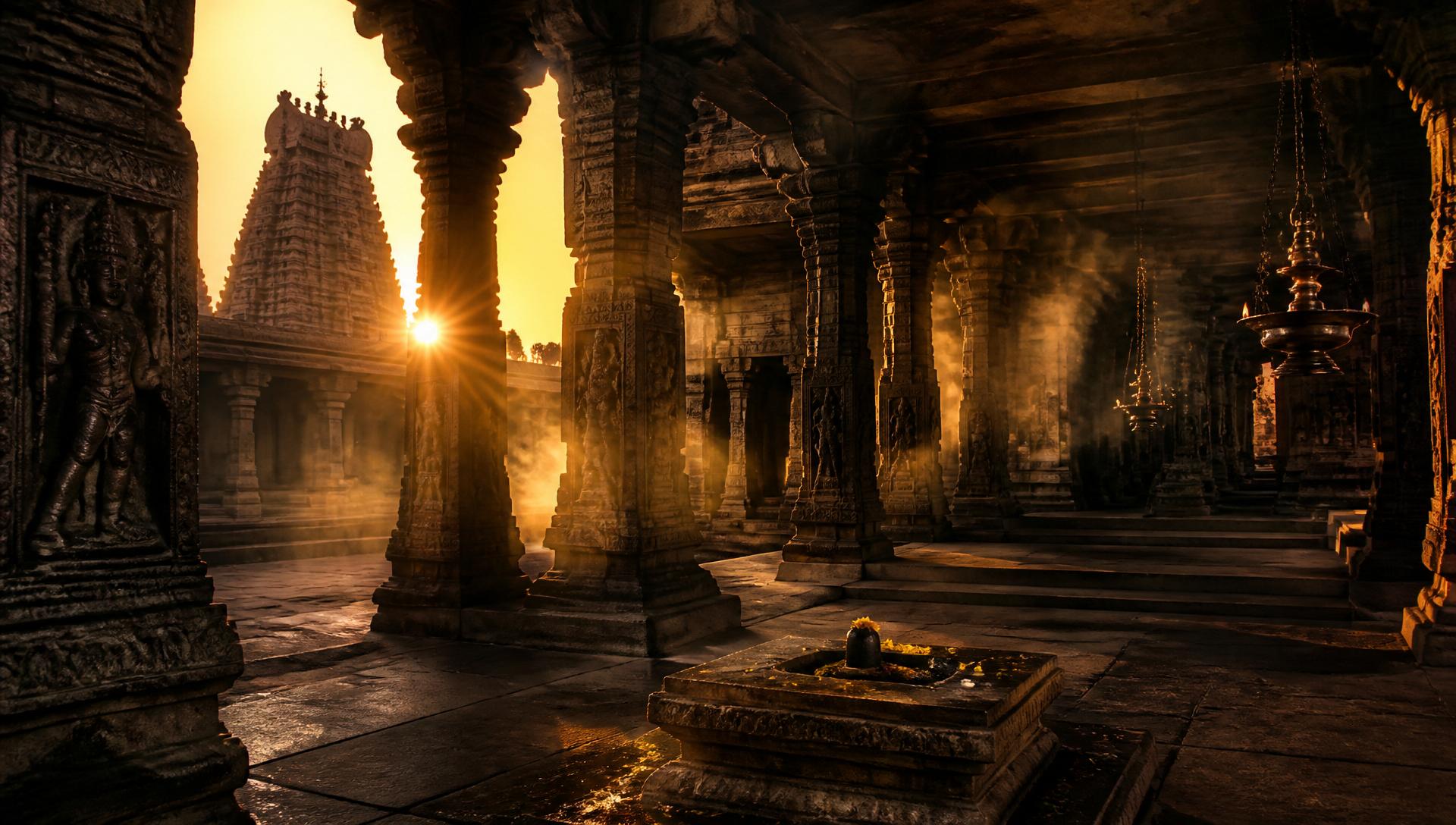 Ancient South Indian temple at golden hour
