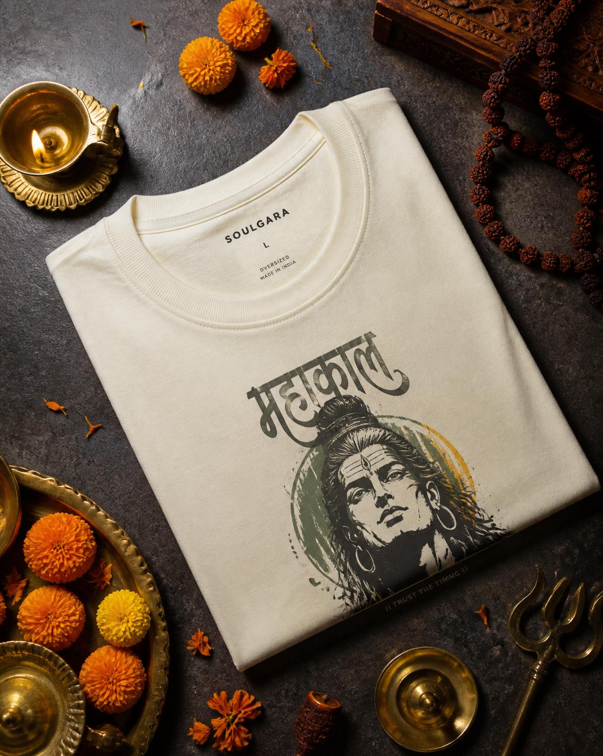 Folded heavyweight tee with marigolds, diya and rudraksha beads