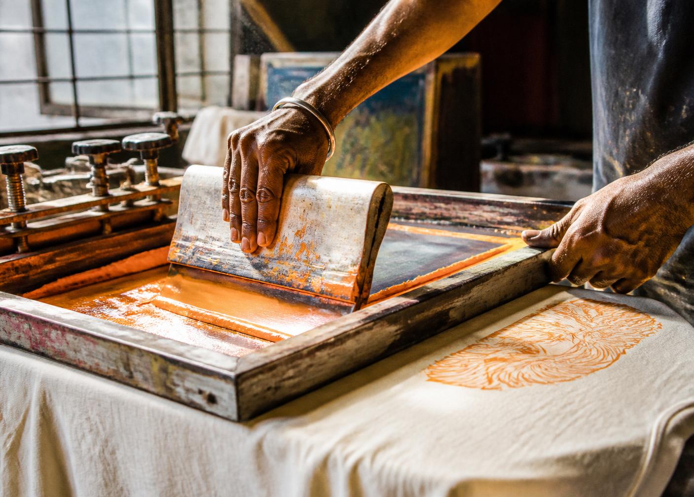 Screen printer pulling ink onto a heavyweight tee in an Indian print studio